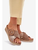 Klapki Damskie Na Koturnie Z Ozdobną Klamrą Inblu RV000012 Brązowe