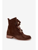 Zamszowe Botki Damskie Z Ozdobnymi Kwiatkami Zazoo 3085 Brązowe