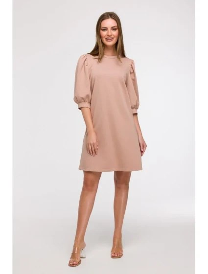 B291 Šaty áčkového strihu s rukávmi - mocca