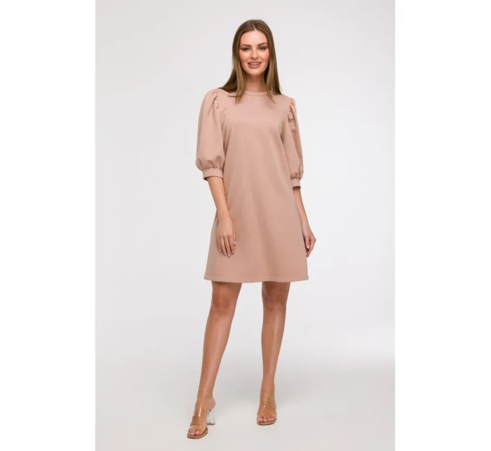 B291 Šaty áčkového strihu s rukávmi - mocca