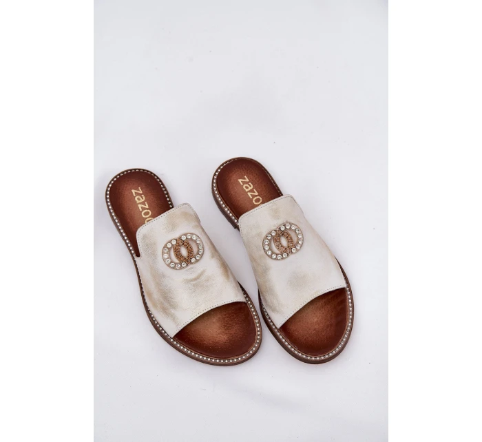 Elegantní Dámské Kožené Pantofle S Dekorací  Zlatý model 21686276 - Zazoo