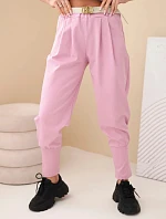 Dámske bavlnené nohavice s vysokým pásom a opaskom tmavoružové