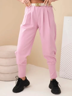 Dámske bavlnené nohavice s vysokým pásom a opaskom tmavoružové