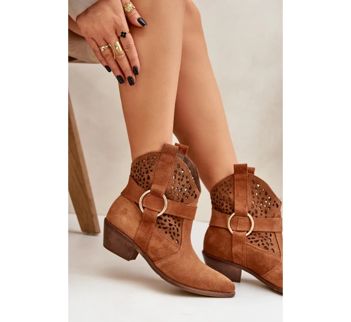 Semišové otvorené kovbojské topánky na podpätku Zazoo 2994 Camel