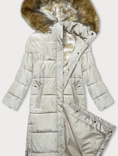Dlouhá zimní bunda v ecru barvě s kapucí (V726)