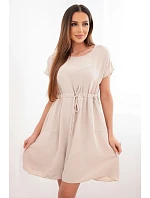 Dámské šaty s krátkým rukávem a páskem v pase béžová