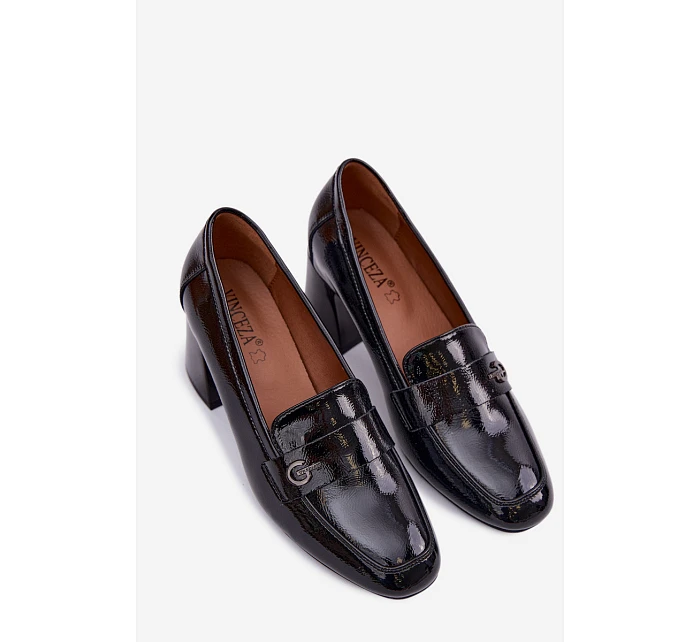 Kožené Lakované Dámské Lodičky na Podpatku Vinceza 18119 Černé