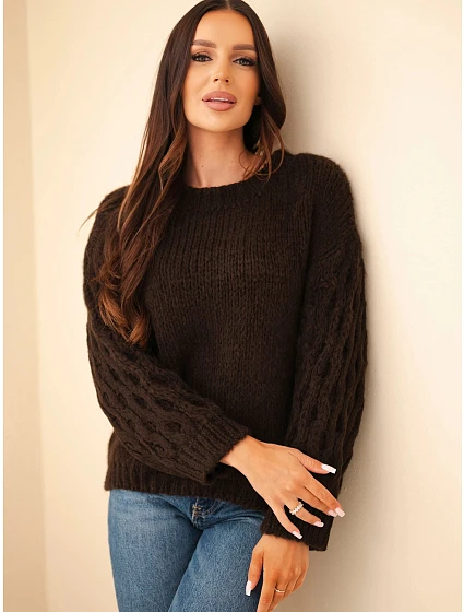 Dámský svetr s model 22540788 rukávy hnědá - K-Fashion Dámský svetr s model 22540788 rukávy hnědá - K-Fashion