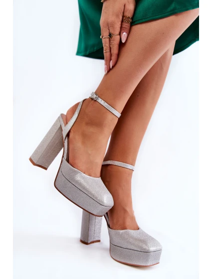 Damskie Sandały Brokatowe Na Słupku Srebrne Rosel Damskie Sandały Brokatowe Na Słupku Srebrne Rosel