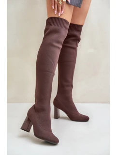 Kozaki Ze Skarpetkową Cholewką Za Kolano Na Słupku Brązowe Esanira