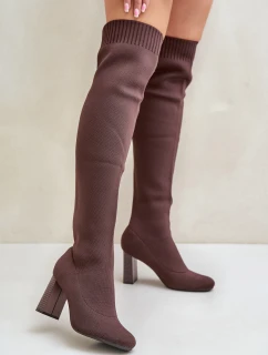 Kozaki Ze Skarpetkową Cholewką Za Kolano Na Słupku Brązowe Esanira