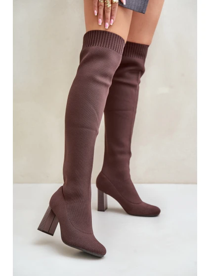 Kozaki Ze Skarpetkową Cholewką Za Kolano Na Słupku Brązowe Esanira Kozaki Ze Skarpetkową Cholewką Za Kolano Na Słupku Brązowe Esanira