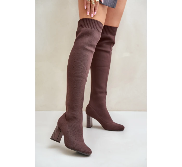 Kozaki Ze Skarpetkową Cholewką Za Kolano Na Słupku Brązowe Esanira Kozaki Ze Skarpetkową Cholewką Za Kolano Na Słupku Brązowe Esanira
