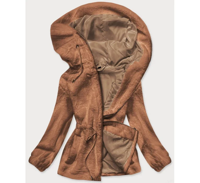 Hnedá kožušinová dámska bunda s kapucňou (BR9596-12)