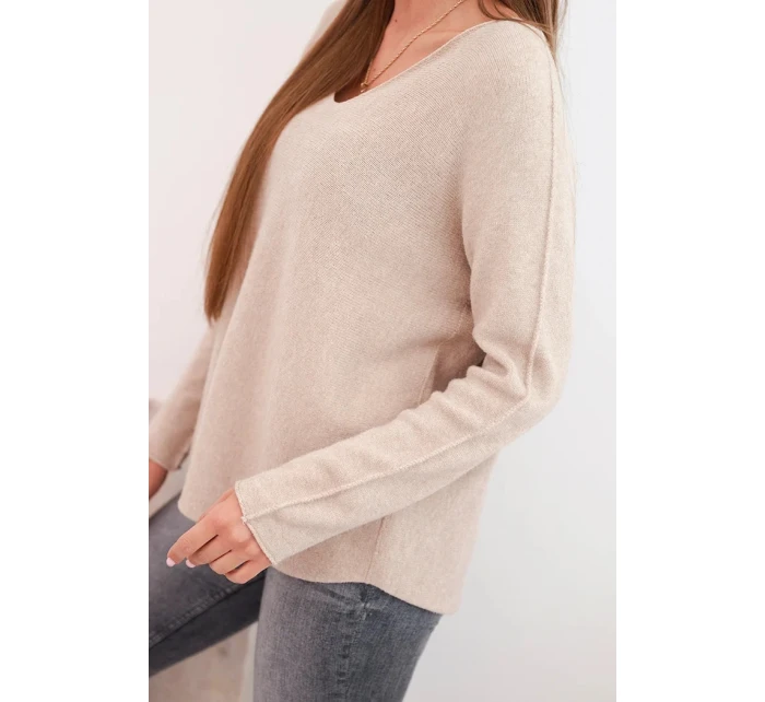 Dámsky viskózový sveter s výstrihom v tvare písmena V tmavobéžovej farby