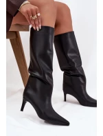 Dámské nazouvací zateplené kozačky na podpatku černé olivové