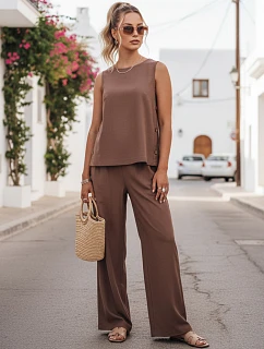Dámsky ľanový komplet s nohavicami Poľský výrobok taupe FashionStreet AY1176