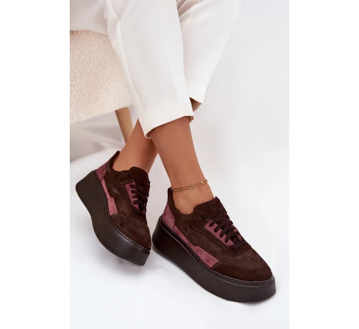 Dámské tenisky z pravé semiše na platformě model 21711179 čokoládové - Zazoo