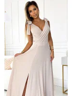 405-6 ELENA Dlhé šaty s výstrihom a viazaním na ramenách - béžové s brokátom 405-6 ELENA Dlhé šaty s výstrihom a viazaním na ramenách - béžové s brokátom