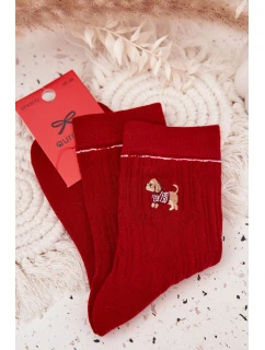 Dámske vianočné ponožky so srdiečkami a psíkom - červené