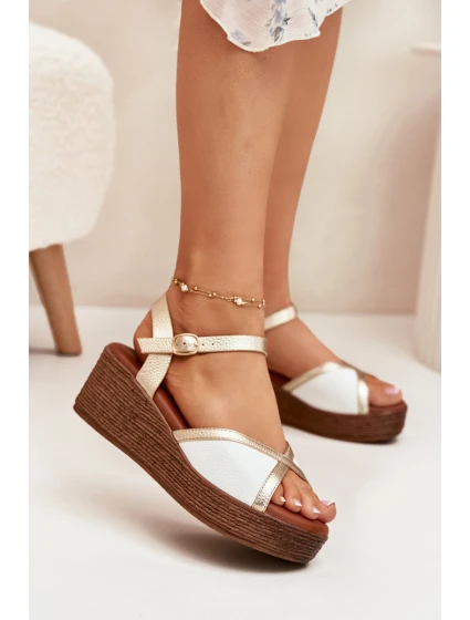 Sandały Damskie Na Koturnie S.Barski PL51-324 Biało-Złote Sandały Damskie Na Koturnie S.Barski PL51-324 Biało-Złote