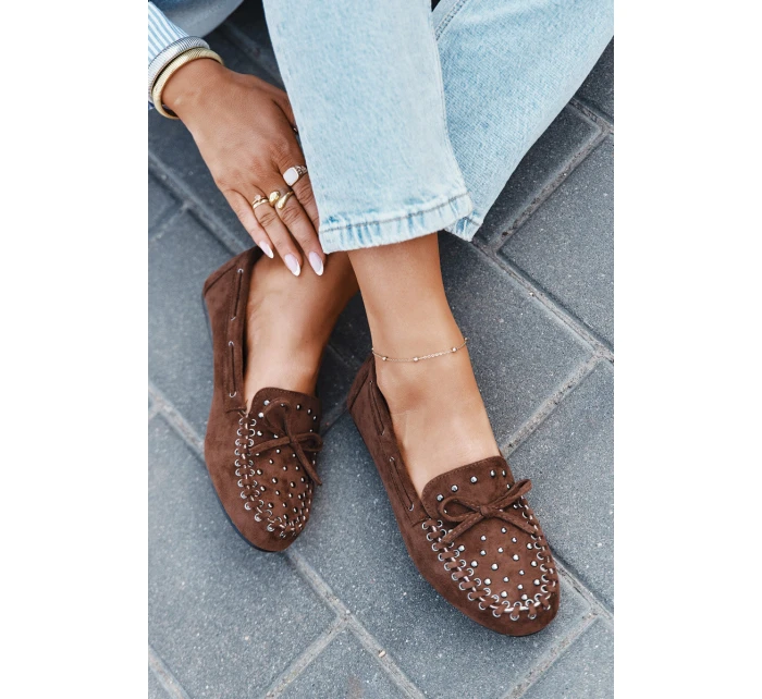 Zdobione Mokasyny Damskie Z Eko Zamszu Brązowe Prissine Zdobione Mokasyny Damskie Z Eko Zamszu Brązowe Prissine
