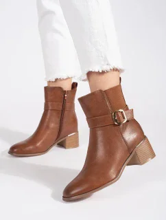 Originálne hnedé dámske členkové topánky na širokom podpätku