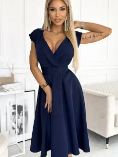 SCARLETT Tmavě modré rozšířené dámské šaty s přeloženým obálkovým výstřihem model 19342541 - numoco