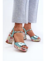 Dámské sandály na podpatku s květinami D&A model 21660335 modré - S.Barski