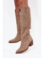 Kozaki Kowbojki Damskie Na Obcasie Z Eko Zamszu Beżowe Esmira