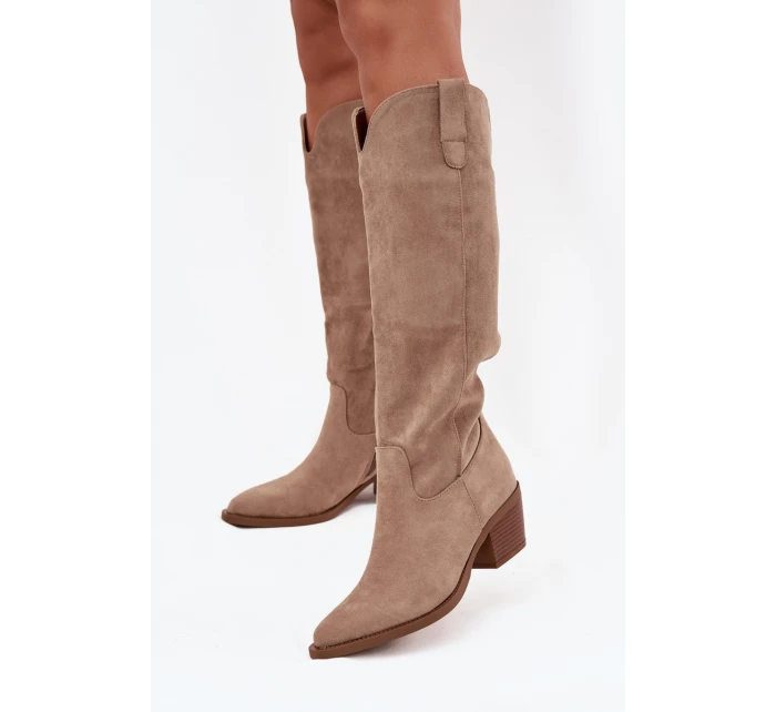 Kozaki Kowbojki Damskie Na Obcasie Z Eko Zamszu Beżowe Esmira