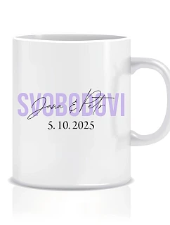 Personalizovaný klasický biely keramický hrnček s objemom 300 ml s menami novomanželov