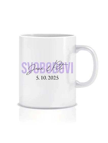 Personalizovaný klasický biely keramický hrnček s objemom 300 ml s menami novomanželov Personalizovaný klasický biely keramický hrnček s objemom 300 ml s menami novomanželov