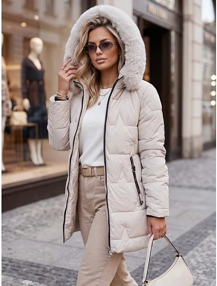 Dámska zimná prešívaná bunda s kapucňou, svetlo béžová, FashionStreet TY5737