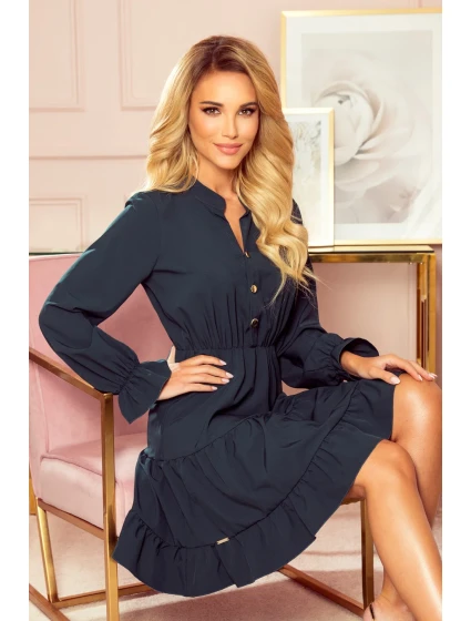 332-1 Šaty s volánmi a zlatými gombíkmi - BOTTLE GREEN 332-1 Šaty s volánmi a zlatými gombíkmi - BOTTLE GREEN