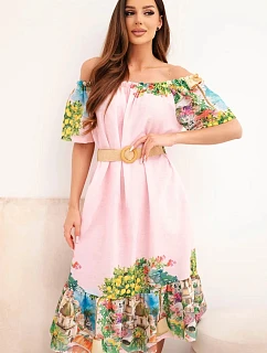 Dámské šaty model 22170763 střihu s páskem a krátkým rukávem cukrově růžová - K-Fashion