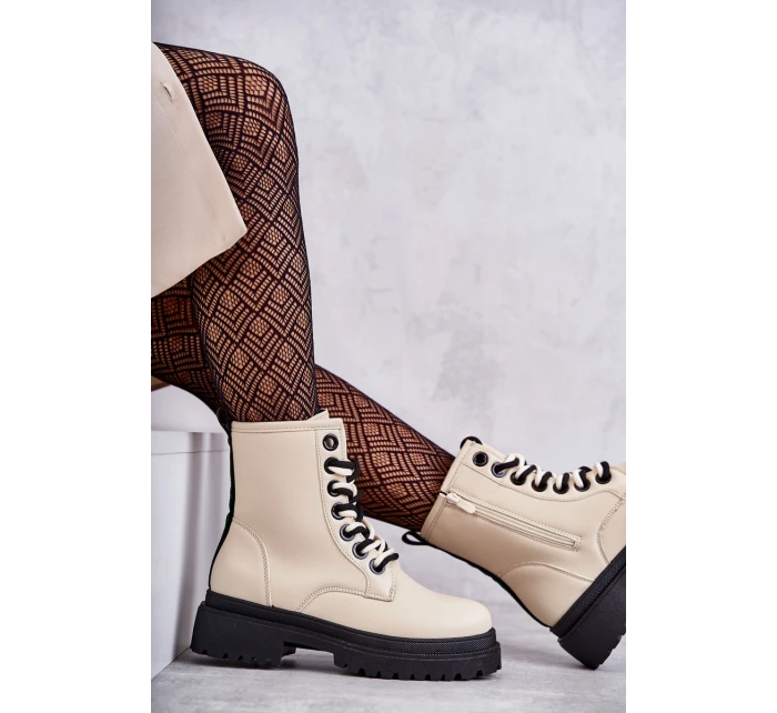 Damskie Skórzane Botki Workery Jasnobeżowe Denila