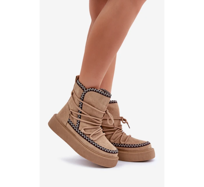 Śniegowce Damskie Z Haftem Na Platformie Brązowe Naleris