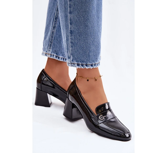 Kožené Lakované Dámské Lodičky na Podpatku Vinceza 18119 Černé