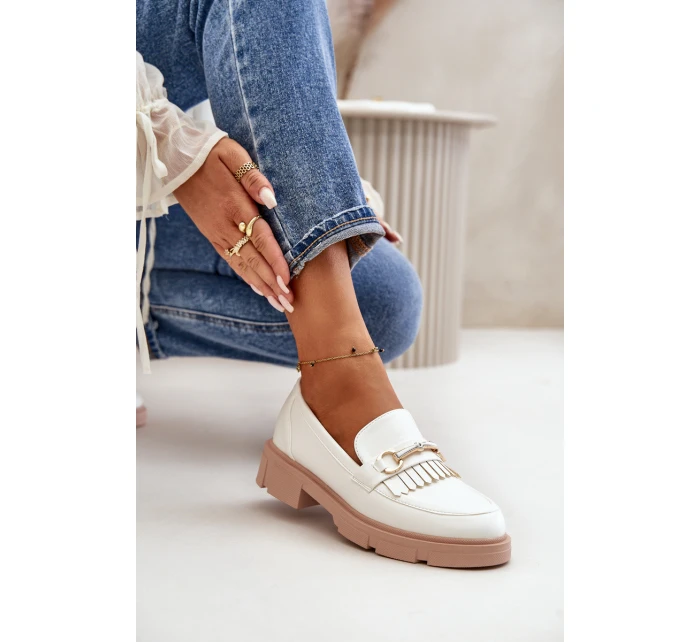 Mokasyny Damskie Z Ozdobą Eko Skórzane Białe Tialorae