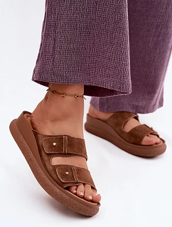 Kožené semišové dámské pantofle na platformě model 22126008 camel - VINCEZA