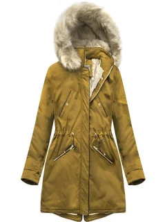 Žltá dámska zimná bunda s podšívkou z machovej kožušiny (b2623)