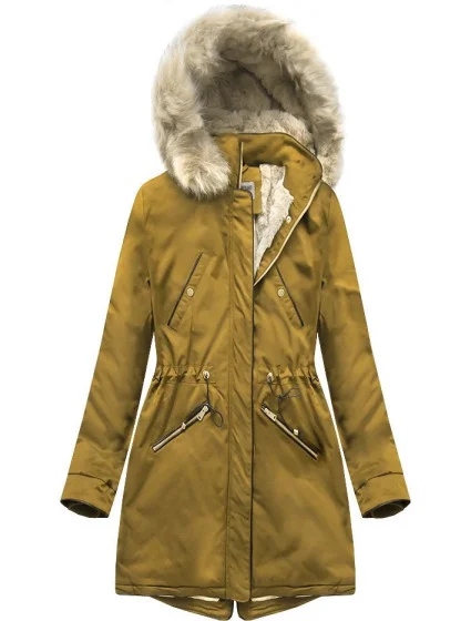 Žltá dámska zimná bunda s podšívkou z machovej kožušiny (b2623) Žltá dámska zimná bunda s podšívkou z machovej kožušiny (b2623)