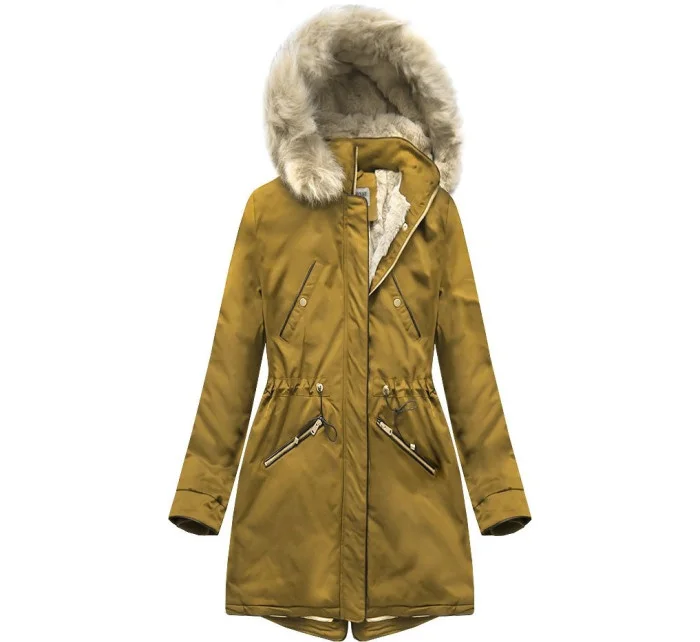 Žltá dámska zimná bunda s podšívkou z machovej kožušiny (b2623) Žltá dámska zimná bunda s podšívkou z machovej kožušiny (b2623)