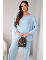 Dámska súprava z viskózy s voľnou blúzkou a nohavicami modrá