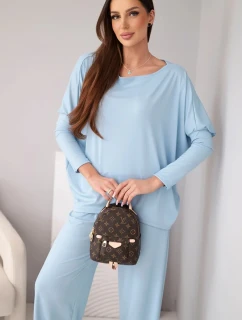 Dámska súprava z viskózy s voľnou blúzkou a nohavicami modrá