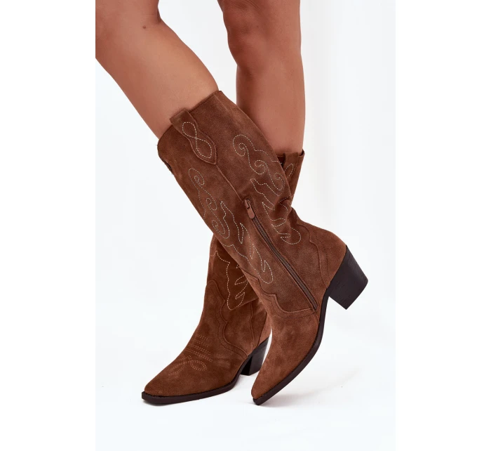 Zamszowe Kozaki Kowbojki Damskie Na Obcasie Camel Karira