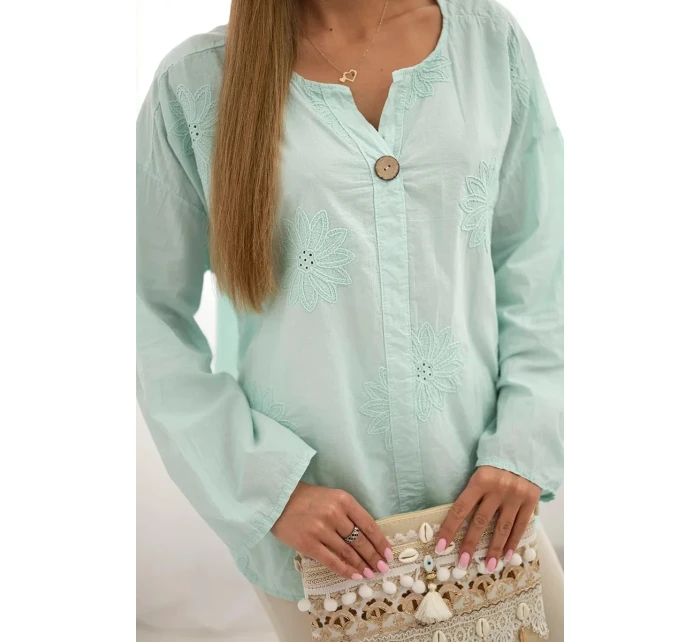 Košeľová blúzka s vyšívaným vzorom mint
