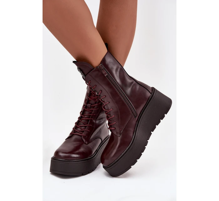 Skórzane Botki Damskie Z Ozdobą Ocieplane Bordowe Ulrika Skórzane Botki Damskie Z Ozdobą Ocieplane Bordowe Ulrika