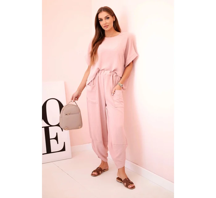 Komplet z viskózy halenka + kalhoty tmavě pudrově růžová